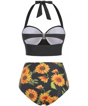 Women Vintage Swimsuit Two Piece Retro Halter Floral Sunflower High Waist Bottom Swimwear Tankini - Black - CW196H6TD50 $20.2...