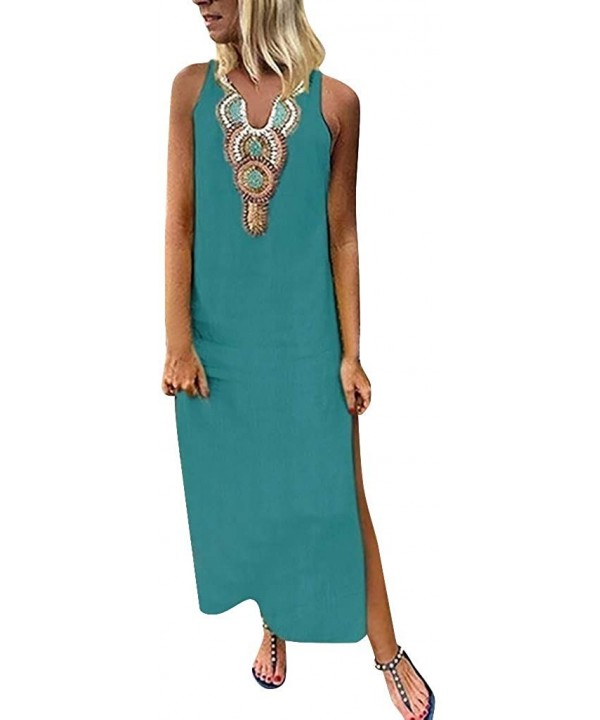 Women Printed Sleeveless V Neck Maxi Dress Hem Baggy Kaftan Long Gown Skin Friendly Dress - Green - CM18SZTWHRS $15.60-Sets