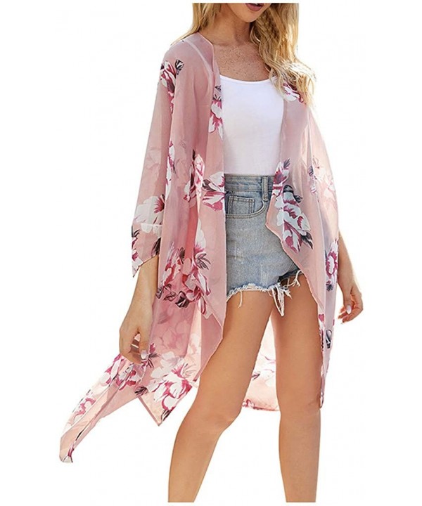 Women's Beach Cover Up Cardigans Floral Bohemian Printed Open Front Draped Kimono Loose Cardigan - Pink - C2193WU7YIN $17.21-...