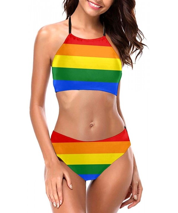 Women's High Neck Halter Swimsuits National Flags Padding Bikini Set 2 Piece Bathing Suits S XXL Lgbt Rainbow Flag - CZ1906X9...