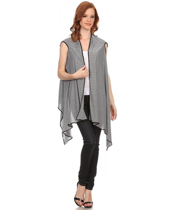 Asymmetrical Draped Soft Black & White Striped Open Front Vest Cover-Up - C411ZXHNEHX $9.12-Cover-Ups