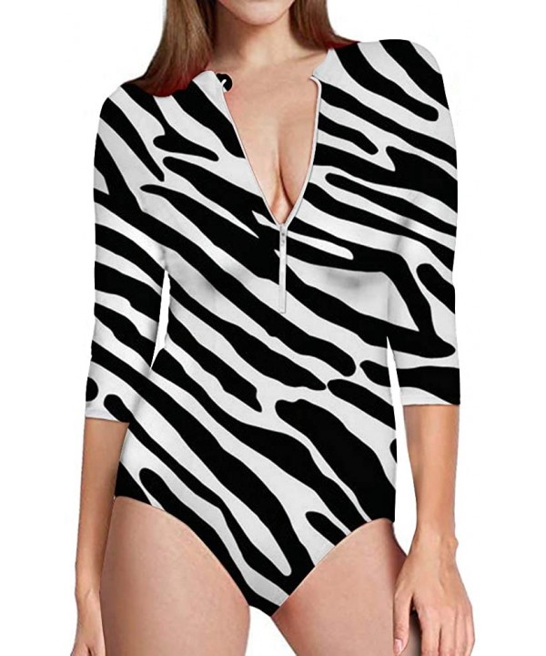 Womens 3/4 Long Sleeve Rash Guard One Piece Swimsuit Slim Fit Bathing Suits - Zebra - C818R7KSY0X $35.17-One-Pieces