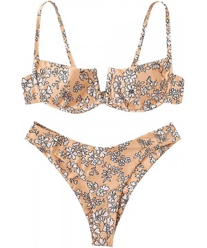 Women's Floral Print Underwire Cami Top with High Cut Bikini Set - 1-orange - CA194288972 $9.87-Sets