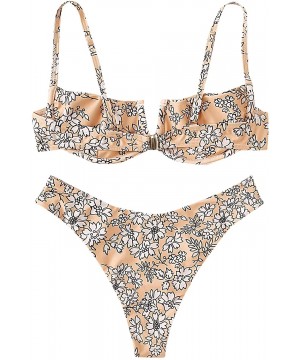 Women's Floral Print Underwire Cami Top with High Cut Bikini Set - 1-orange - CA194288972 $9.87-Sets