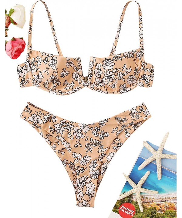 Women's Floral Print Underwire Cami Top with High Cut Bikini Set - 1-orange - CA194288972 $9.87-Sets