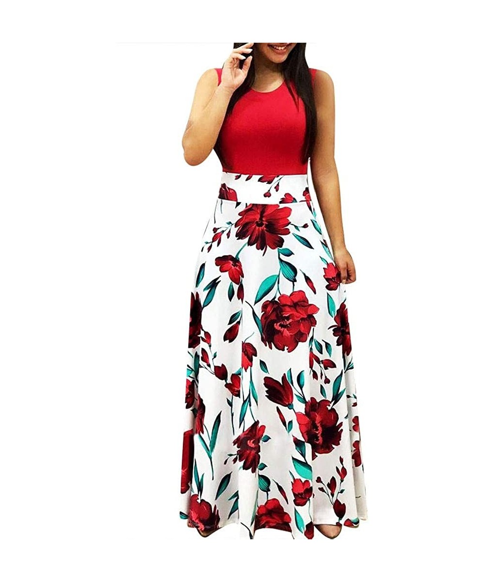 Maxi Dress for Women Chaofanjiancai Bohemian Printed Sleeveless Casual Long Dress Beach Tank Dress with Pockets Red02 - C718S...