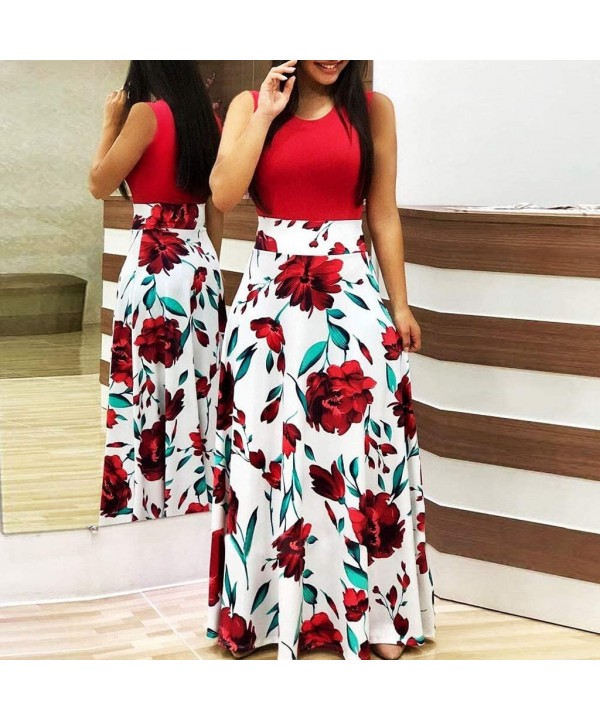 Maxi Dress for Women Chaofanjiancai Bohemian Printed Sleeveless Casual Long Dress Beach Tank Dress with Pockets Red02 - C718S...