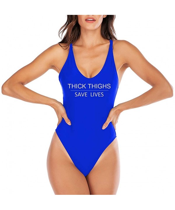 Women Thick Thighs Save Lives One-Piece Swimsuit Letter Printed Double Shoulder Straps Crisscross Back Bathing Suit - Dark Bl...