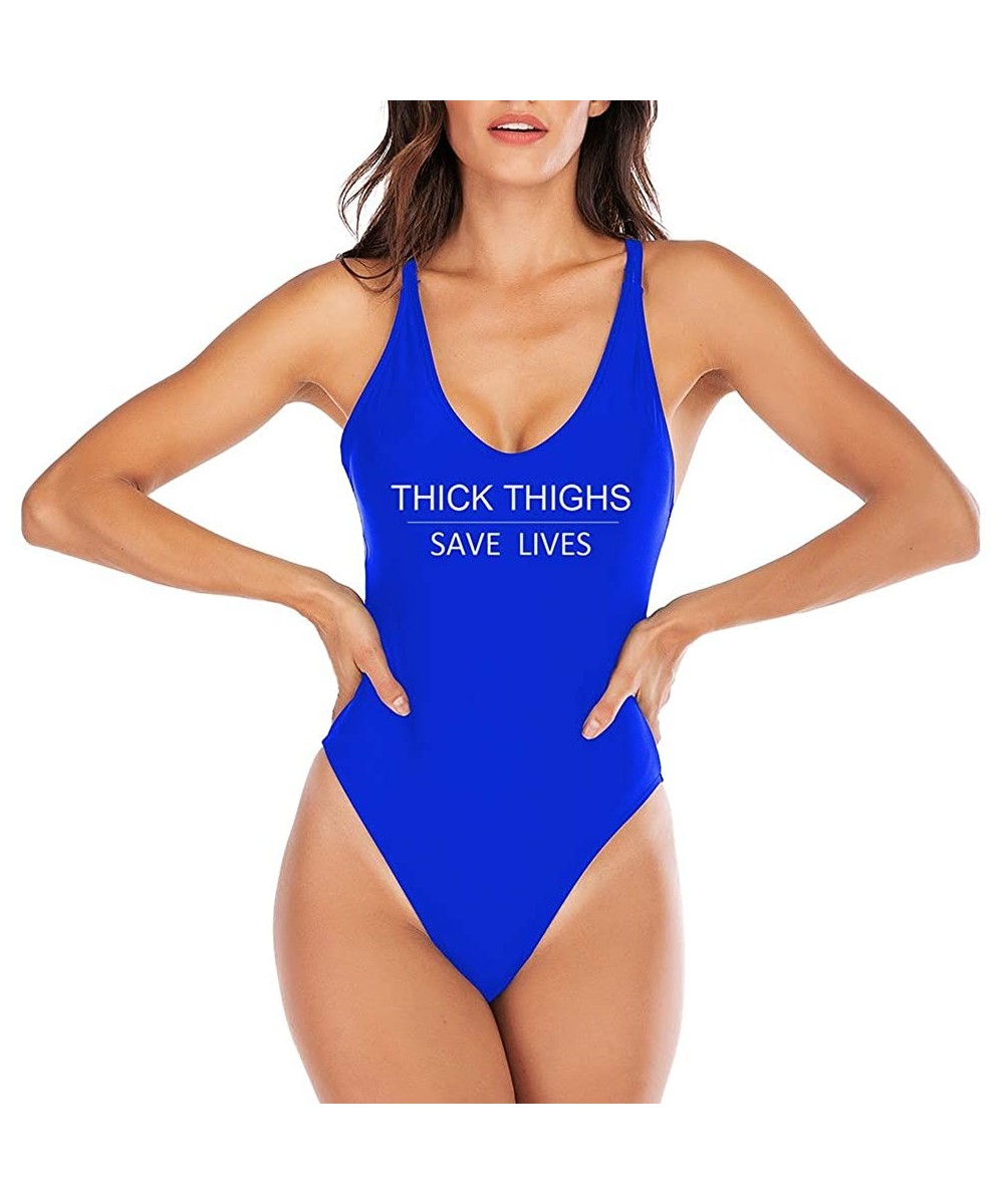 Women Thick Thighs Save Lives One-Piece Swimsuit Letter Printed Double Shoulder Straps Crisscross Back Bathing Suit - Dark Bl...