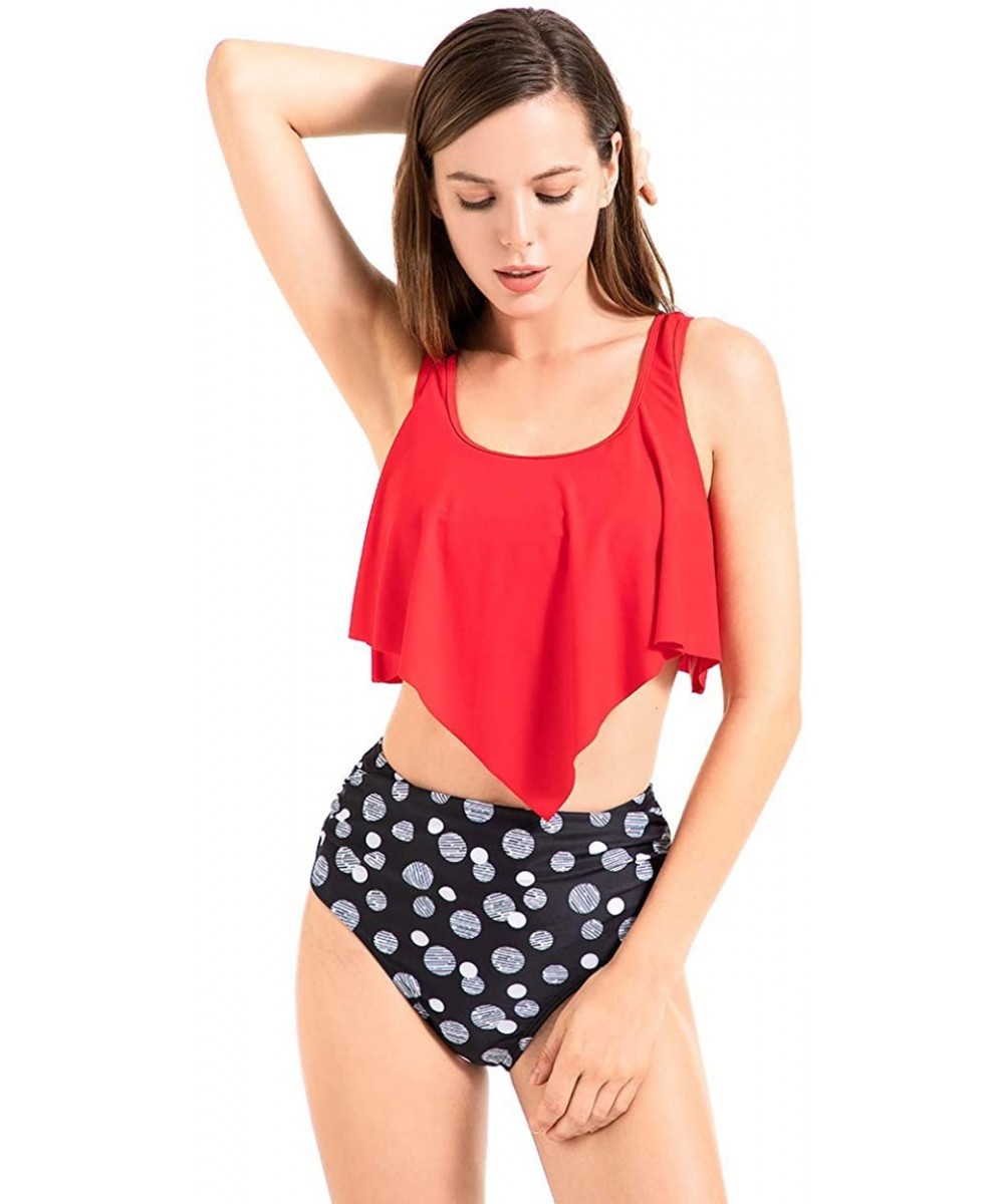 Women Bikini Swimsuit High Waist Ruffled Flounce Top with Swim Bottom Two Pieces Bathing Suits - Red - CG18WDRACK3 $12.36-Sets