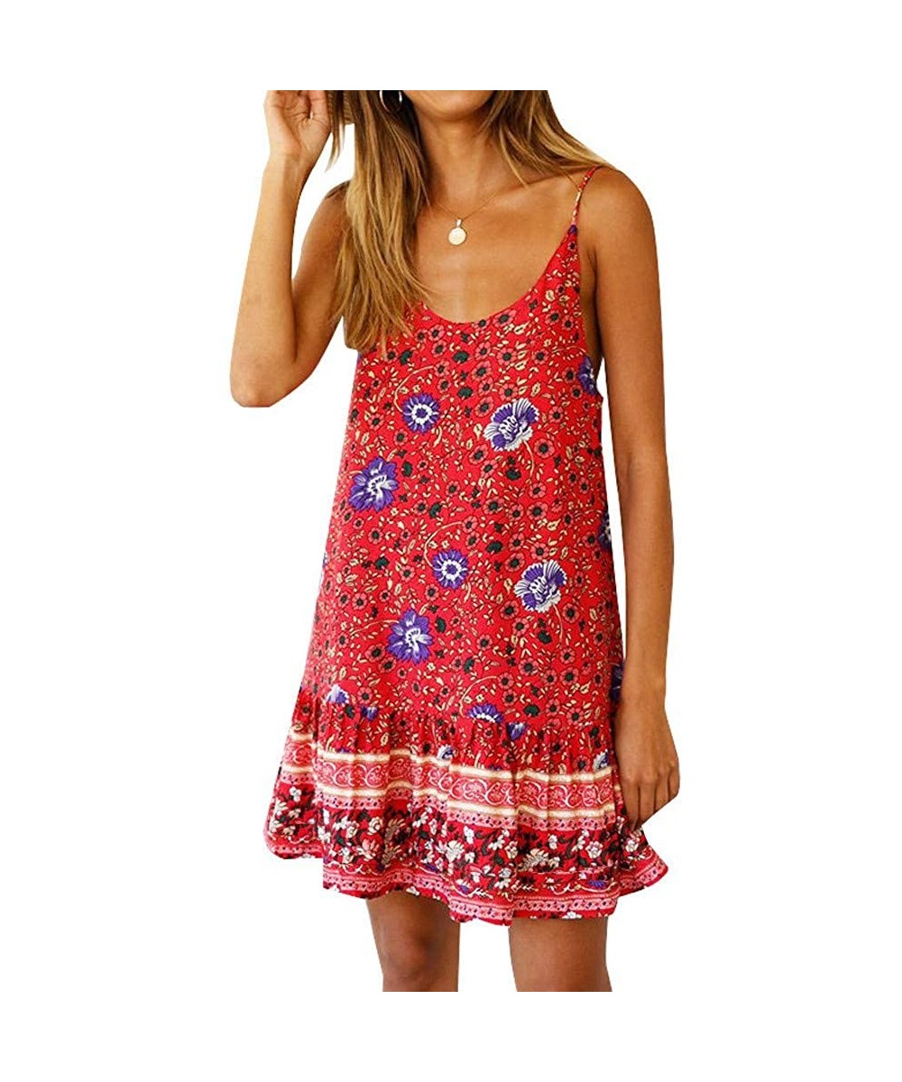 Women's Summer Halter Straps Sundresses Swing Short Beach Bikini Cover Up Dress - Red - CC18NW8GRMY $14.69-Cover-Ups