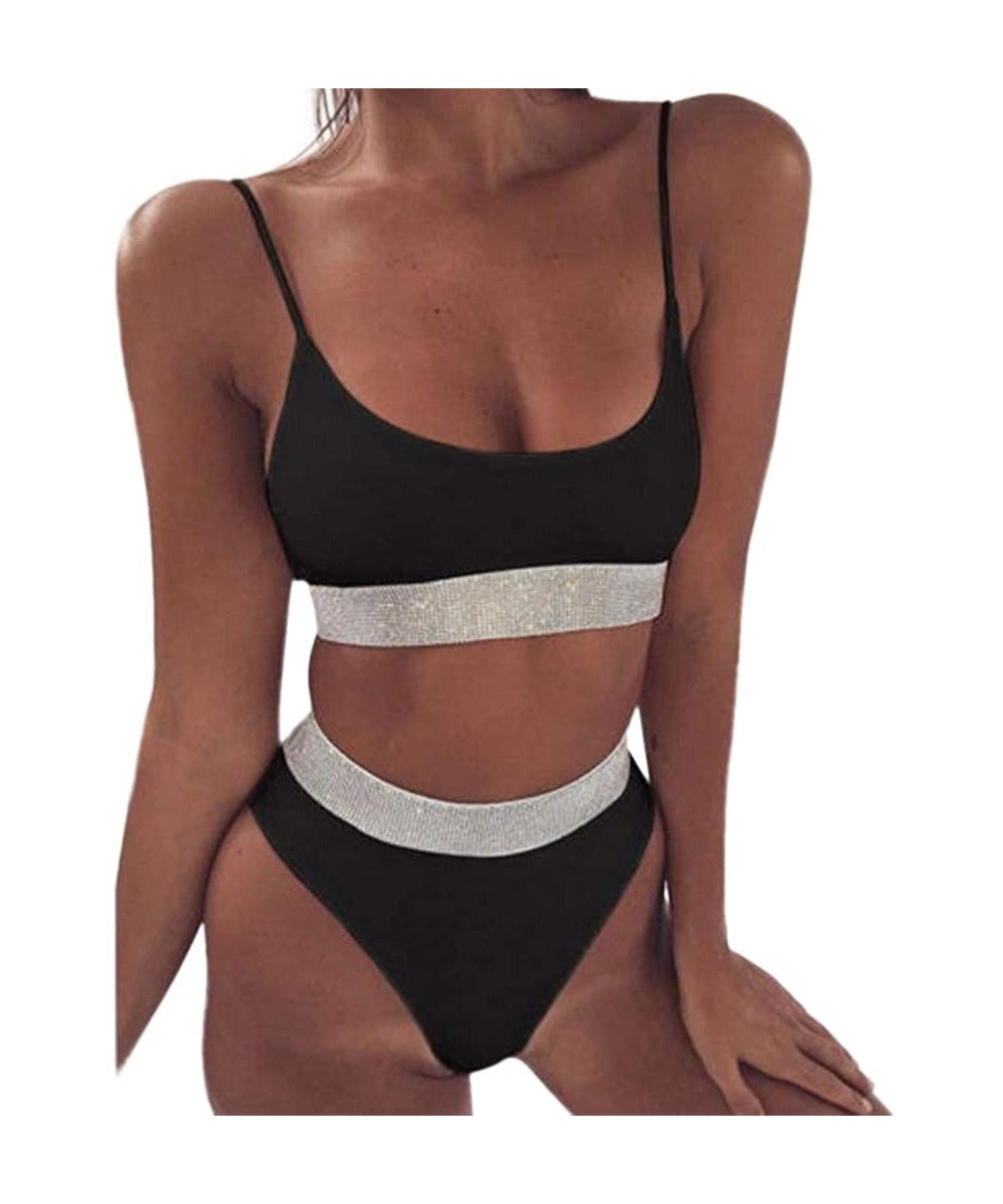 Women Two Piece Bikini Swimwear Set High Waist Tummy Control Bottom Swimming Stitching Bathing Suits. - 01 Black - CW194MT33H...