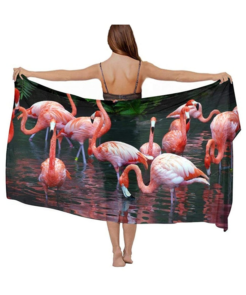 Women Chiffon Scarf Sunscreen Shawl Wrap Swimsuit Cover Up Beach Sarongs - Pink Red Flamingo - CD19C6NDEGN $22.81-Cover-Ups