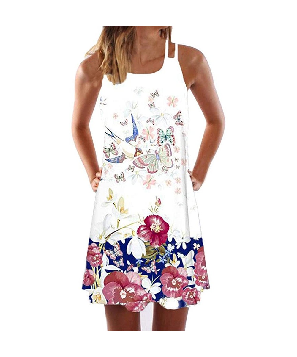 Women's Vintage Boho Dress Sleeveless Summer Beach Floral Printed T-Shirts Short Dress Casual Mini Dresses for Women - White ...