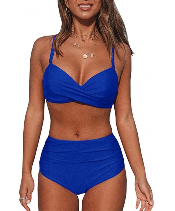 Womens Vintage Crossover Bikini Swimsuits Ruched Tummy Control Two Pieces Bathing Suits - Navy Blue - CD192AZX7K4 $13.69-Sets