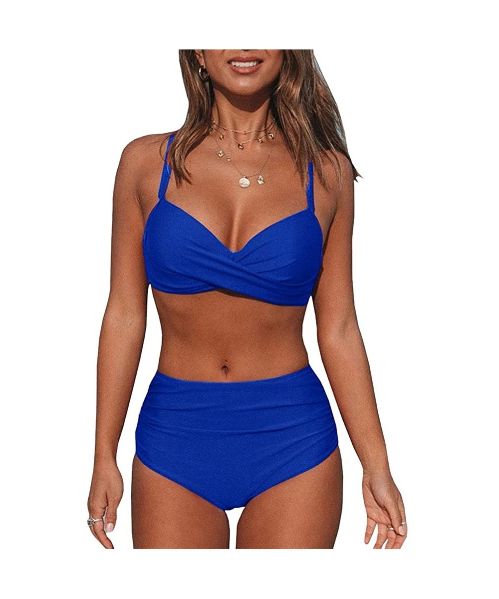 Womens Vintage Crossover Bikini Swimsuits Ruched Tummy Control Two Pieces Bathing Suits - Navy Blue - CD192AZX7K4 $13.69-Sets