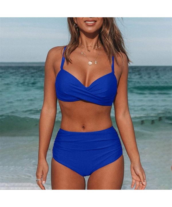 Womens Vintage Crossover Bikini Swimsuits Ruched Tummy Control Two Pieces Bathing Suits - Navy Blue - CD192AZX7K4 $13.69-Sets