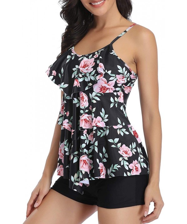 Women Tankini Swimsuits 2 Piece Flounce Printed Top with Boyshorts Bathing Suits - Black Floral-1 - C1194UC23HX $30.16-Tankinis