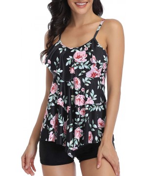 Women Tankini Swimsuits 2 Piece Flounce Printed Top with Boyshorts Bathing Suits - Black Floral-1 - C1194UC23HX $30.16-Tankinis