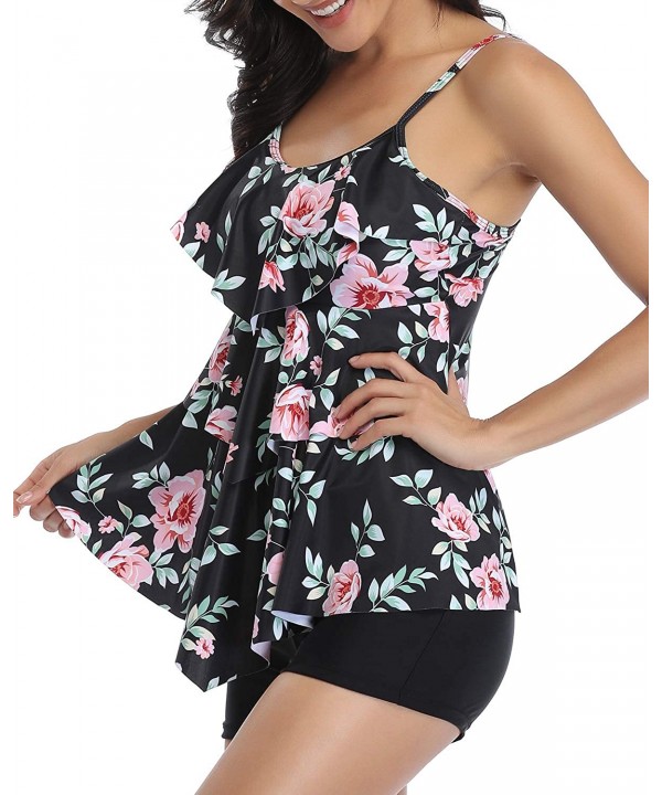 Women Tankini Swimsuits 2 Piece Flounce Printed Top with Boyshorts Bathing Suits - Black Floral-1 - C1194UC23HX $30.16-Tankinis