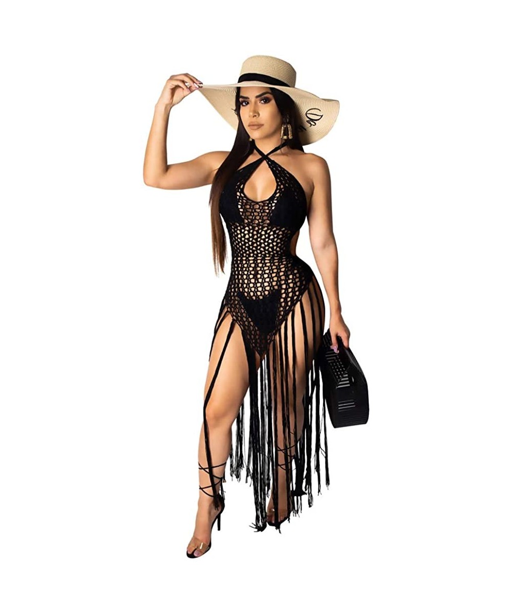 Womens See Through Cover Up Sexy Halter Hollow Out Mesh Dress - Black - CK18T4564H0 $34.83-Cover-Ups