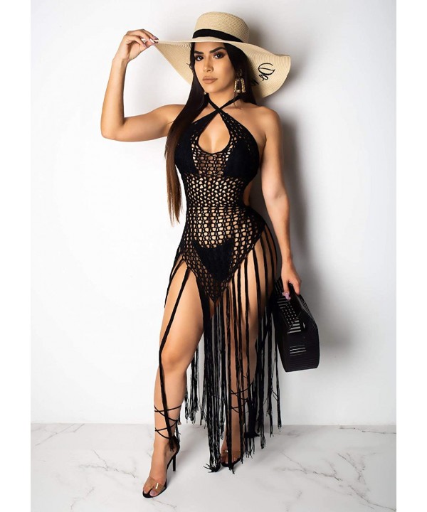 Womens See Through Cover Up Sexy Halter Hollow Out Mesh Dress - Black - CK18T4564H0 $34.83-Cover-Ups