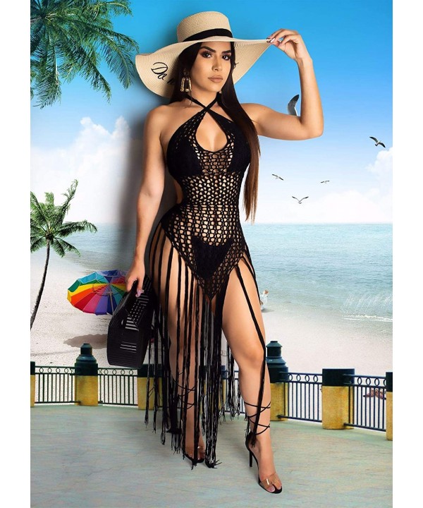 Womens See Through Cover Up Sexy Halter Hollow Out Mesh Dress - Black - CK18T4564H0 $34.83-Cover-Ups