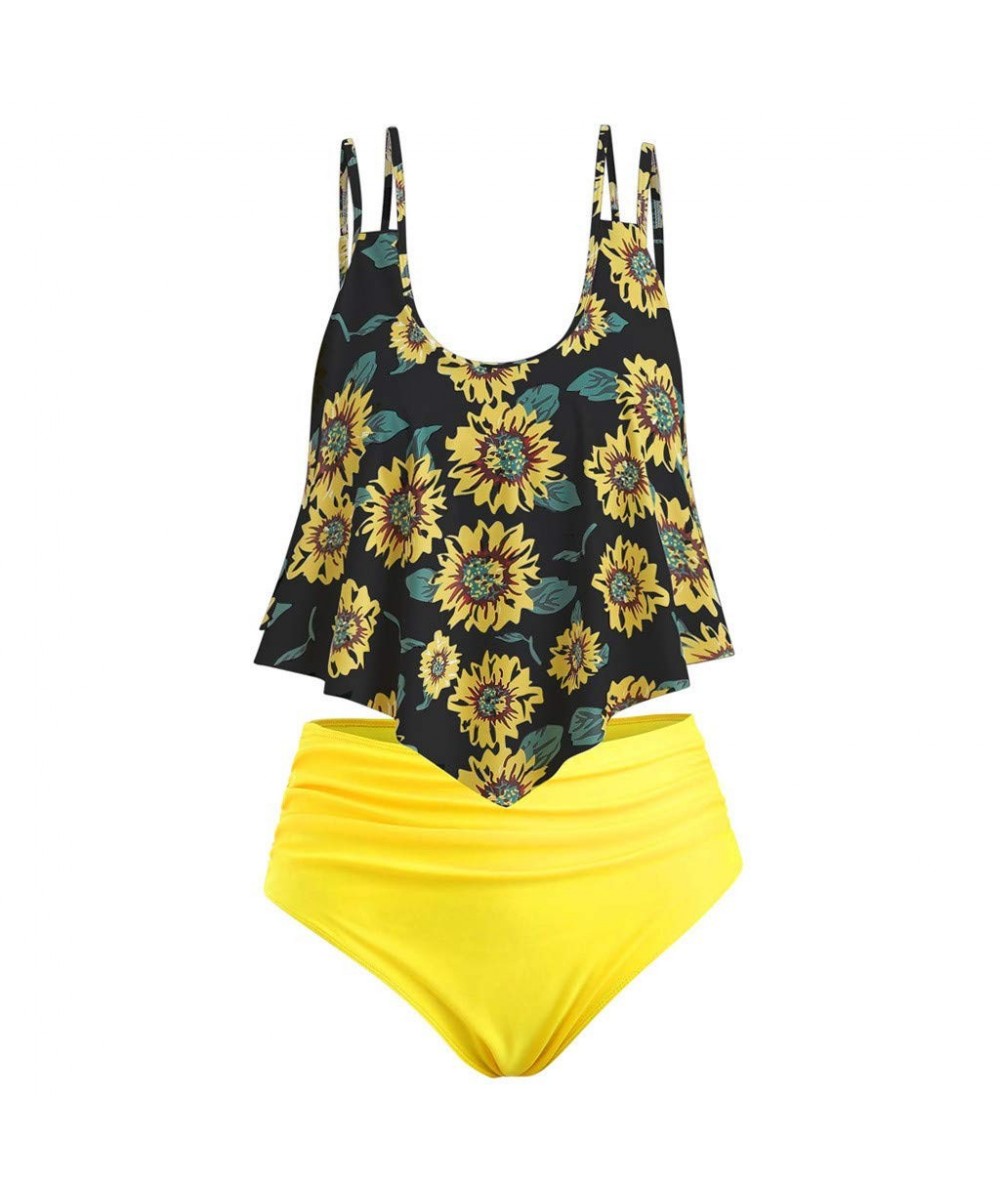 Swimsuits for Women Tankini Set Two Pieces Sexy Sunflower Floral Print Ruffled Top Bikini Swimwear Bathing Suit Yellow - CH18...