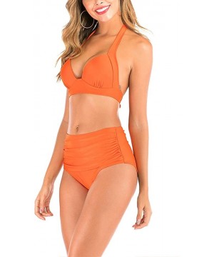 Women's Sexy Spaghetti Strap Halter Bikini Bathing Suits Set - Orange - CL1900R4T0I $21.76-Sets