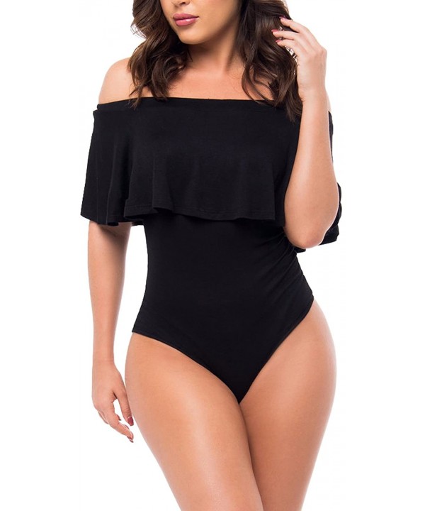 Women's Stylish Ruffle Off-The-Shoulder One-Piece Swimsuit Hollow Out Bikini - Black 1 - CH17YUOZM4L $22.57-One-Pieces