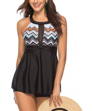 Women's Two Pieces Tankini Swimsuit High Neck V Neckline Removable Padding Skirtini Swimdresses Black Tribal 2 Pcs - C318O2S7...