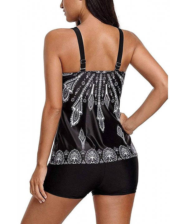 Floral Print Women's Tankini Swimwear Bandeau Padded Bikini Set Two Piece Swimsuits Shorts - Black - C018S8UIQZI $31.32-Sets