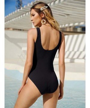 Women's Button Front One Piece Monokini High Waisted Bathing Bikini High Cut Swimsuit - Black - CG18SHLE4HO $14.01-One-Pieces