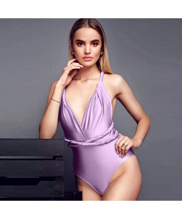 Women Deep V Self Tie Multiway One Piece Swimsuits Sexy Monokini Bathing Suit - Purple - CE196R36ZGX $12.43-One-Pieces