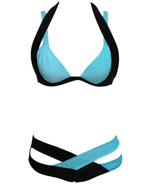 Women's Fashion Push Up Halter Double Color Cross Bikini Set - Blue+black - CQ12EASHU33 $12.89-Racing