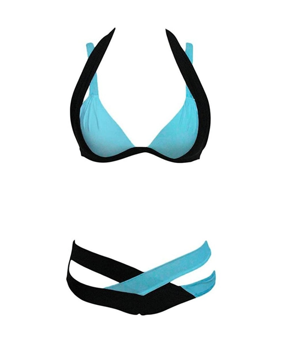 Women's Fashion Push Up Halter Double Color Cross Bikini Set - Blue+black - CQ12EASHU33 $12.89-Racing