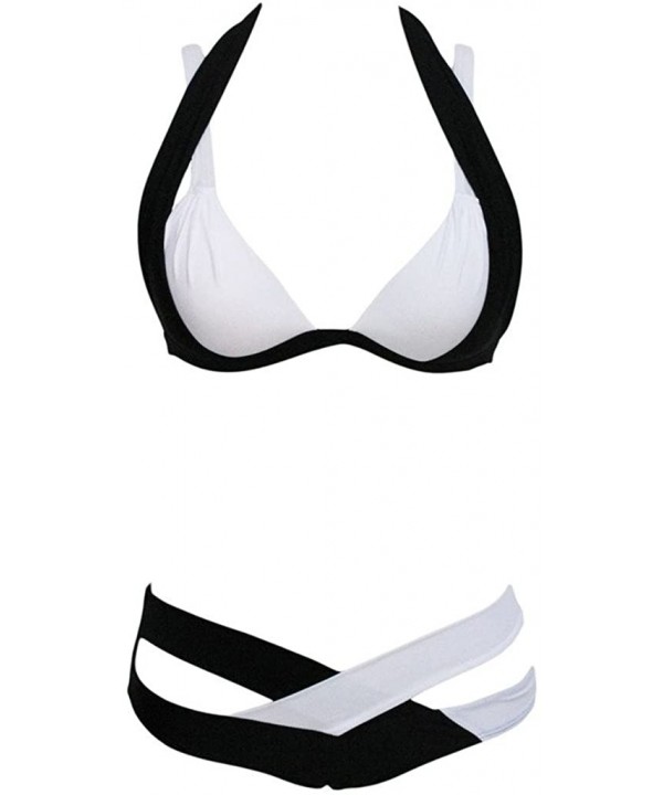 Women's Fashion Push Up Halter Double Color Cross Bikini Set - Blue+black - CQ12EASHU33 $12.89-Racing