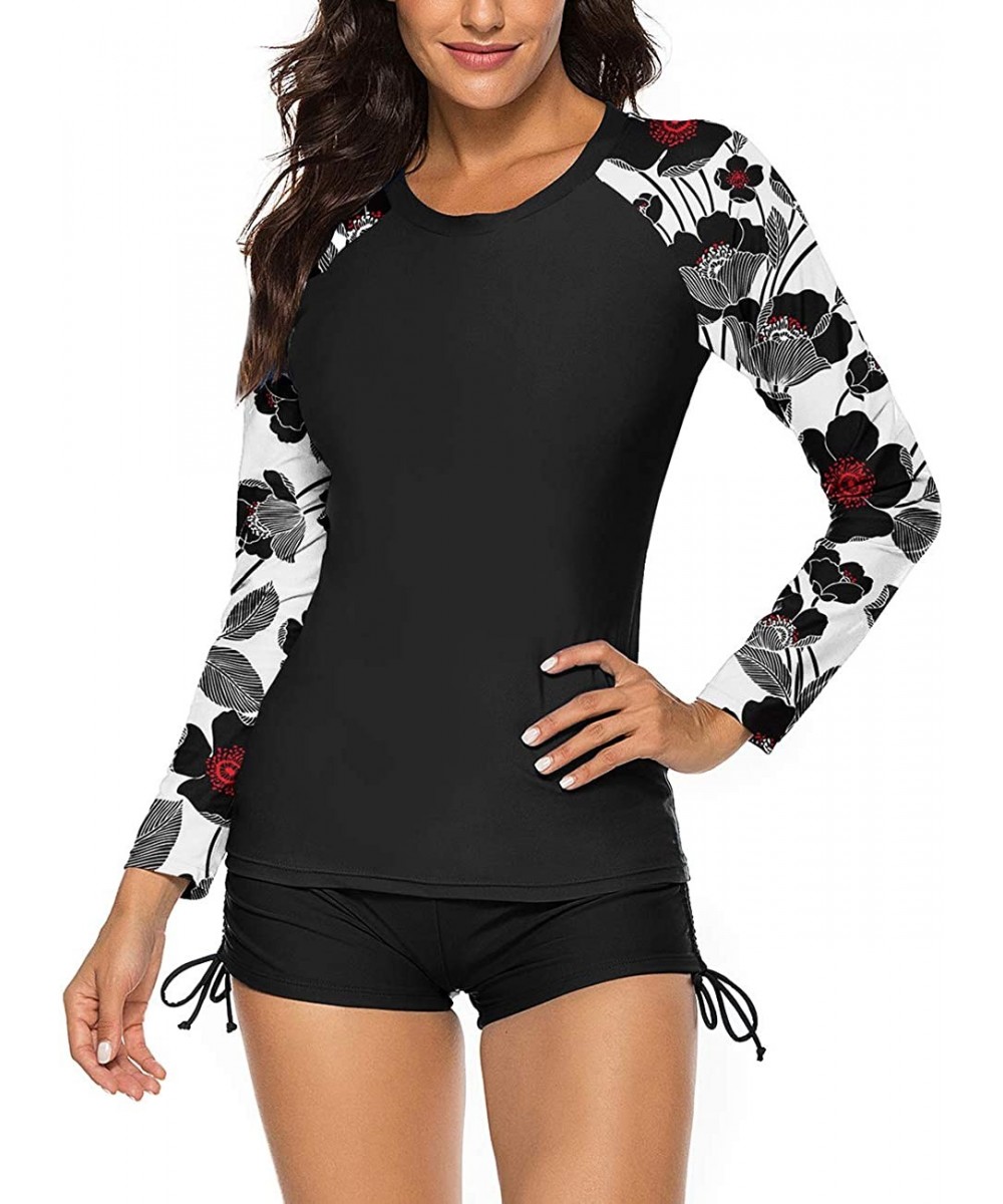 Womens Long Sleeve Rash Guard Wetsuit 2 Piece Tankini Sets Swimsuits - Black White Sleeve - CJ1967TR6YZ $28.29-Rash Guards