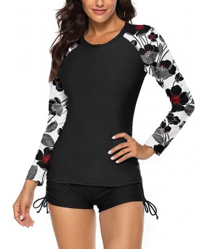 Womens Long Sleeve Rash Guard Wetsuit 2 Piece Tankini Sets Swimsuits - Black White Sleeve - CJ1967TR6YZ $28.29-Rash Guards