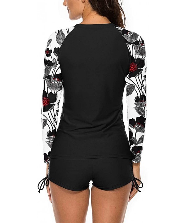 Womens Long Sleeve Rash Guard Wetsuit 2 Piece Tankini Sets Swimsuits - Black White Sleeve - CJ1967TR6YZ $28.29-Rash Guards