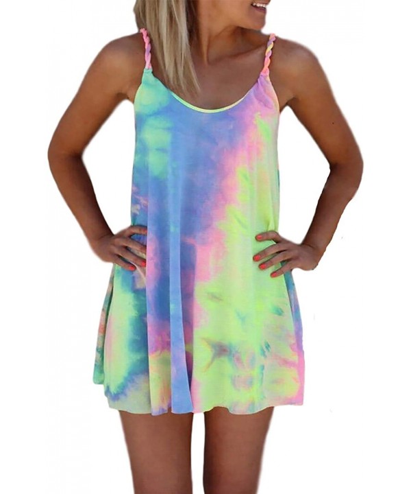 Tie Dye Short Sleeve O-Neck Mini Dress Women's Sleeveless T Shirt Dress Tie-dye Tank Mini Dress - 2-yellow - C919CGWE5IC $11....