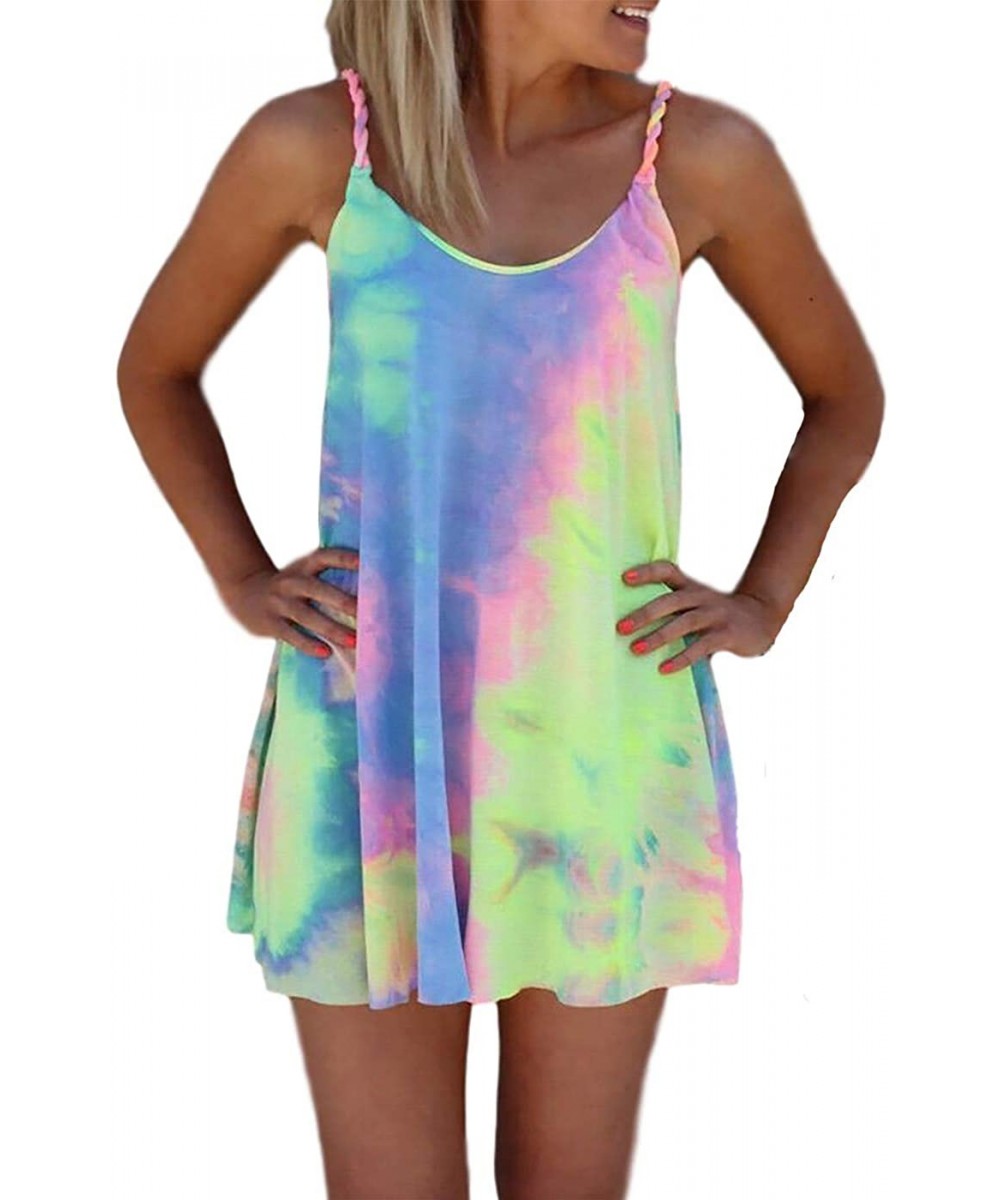 Tie Dye Short Sleeve O-Neck Mini Dress Women's Sleeveless T Shirt Dress Tie-dye Tank Mini Dress - 2-yellow - C919CGWE5IC $11....