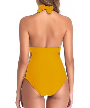 Women One Piece Plunge Swimsuit Bathing Suits High Leg Cutout Swimwear - Yellow-1 - CP18YMWTCKS $21.42-One-Pieces