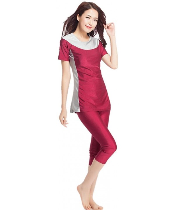 Women's Short Sleeve Muslim Islamic Burkini Modest Swimwear Lady Swimsuit - Wine Red - CQ18325CTMH $23.22-Racing