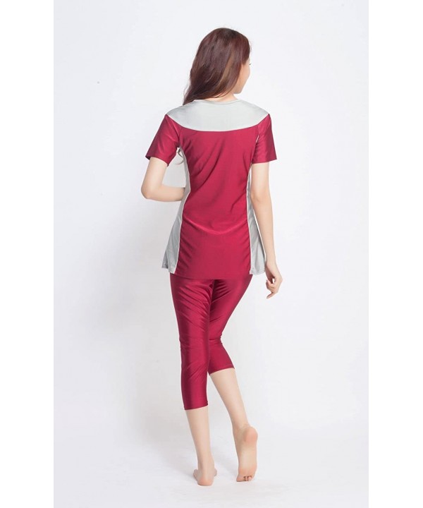 Women's Short Sleeve Muslim Islamic Burkini Modest Swimwear Lady Swimsuit - Wine Red - CQ18325CTMH $23.22-Racing