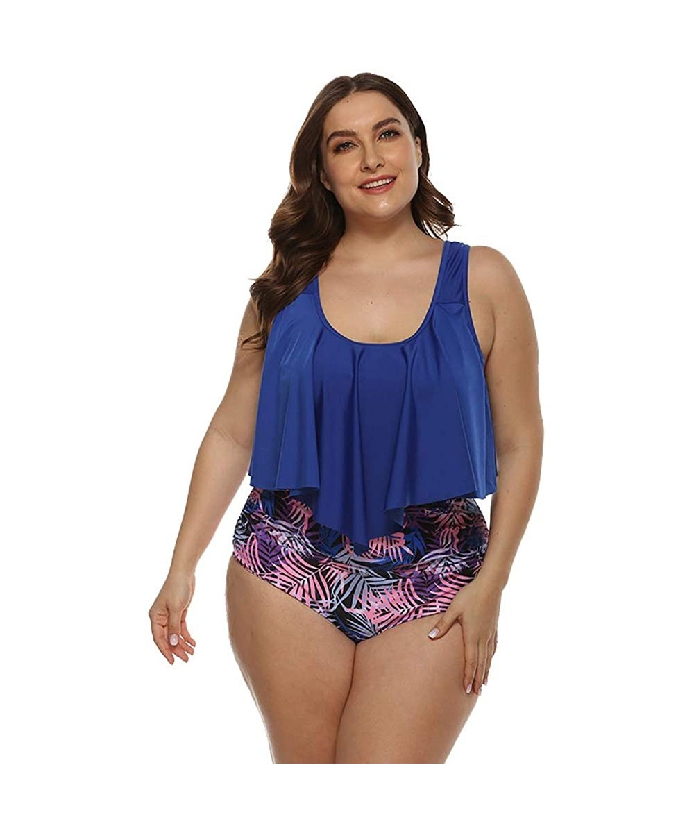 Plus Size Swimsuit for Women Two Pieces Bathing Suits Ruffled Bikini Cold Shoulder High Waist Tankini Set Royal Blue - CD1945...