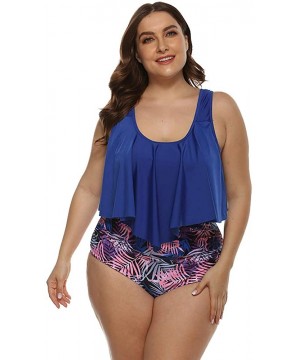 Plus Size Swimsuit for Women Two Pieces Bathing Suits Ruffled Bikini Cold Shoulder High Waist Tankini Set Royal Blue - CD1945...