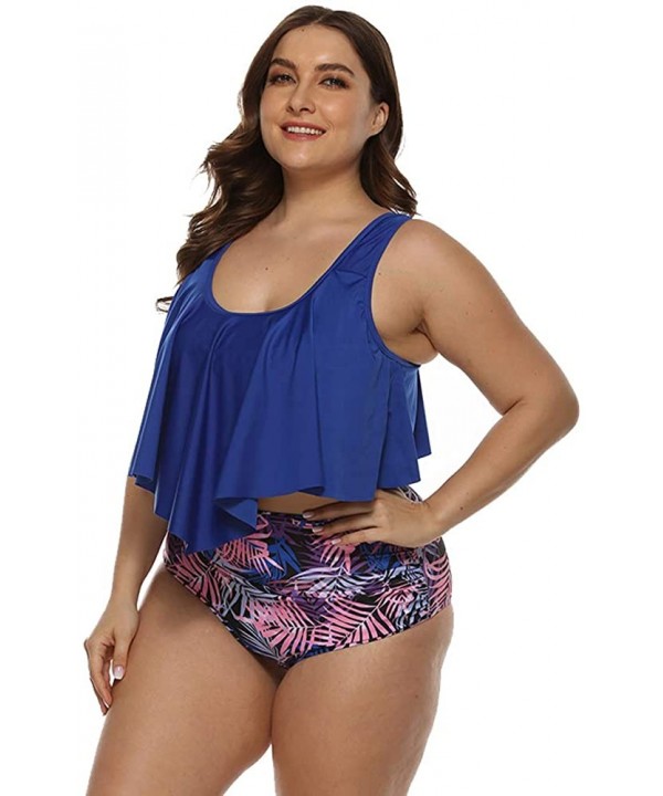 Plus Size Swimsuit for Women Two Pieces Bathing Suits Ruffled Bikini Cold Shoulder High Waist Tankini Set Royal Blue - CD1945...