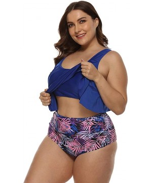 Plus Size Swimsuit for Women Two Pieces Bathing Suits Ruffled Bikini Cold Shoulder High Waist Tankini Set Royal Blue - CD1945...