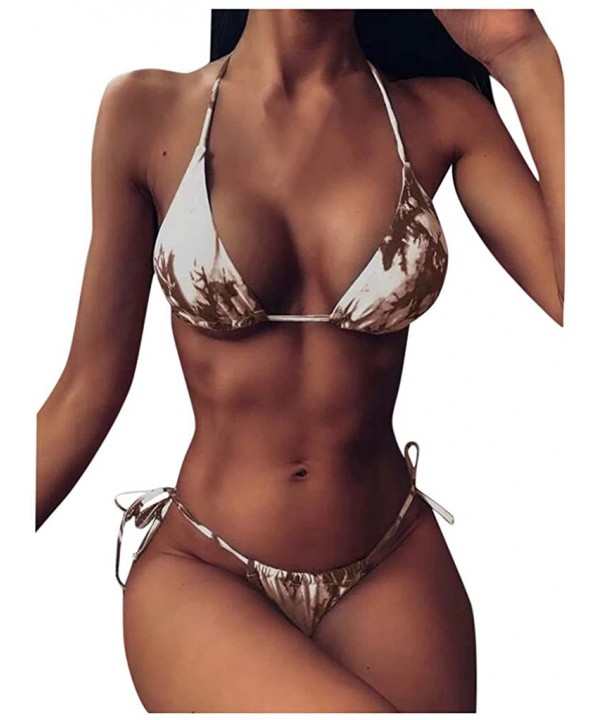 Women's Sexy Tie-Dye Lace Up High Cut Leg Halter Bikini Set Two Piece Swimsuit - Coffee - CR1908YE202 $16.33-Sets